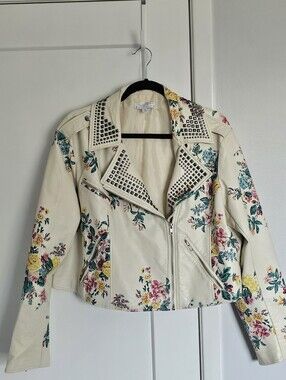 Ashley Nell Tipton Boutique Floral Faux Leather Studded Cropped Jacket Ivory 0X